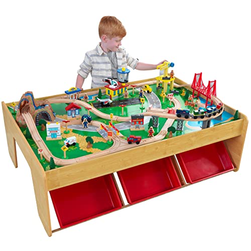 KidKraft 17850 Eisenbahnset und Spieltisch Waterfall Mountain Klassisches Spielzeugeisenbahn-Set mit Zubehör, Naturfarben, 123.8 x 87.3 x 56.79