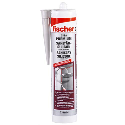 fischer 53101 Sanitärsilikon DSSA W, Silikon zum Abdichten & Verfugen im Sanitär- und Küchenbereich, Kartusche für zahlreiche Anwendungen und Baustoffe - weiß, sanitägrau, fugengrau, manhatten,