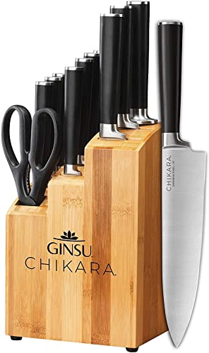 Ginsu Gourmet Chikara Serie, Messerblock mit Messerset, Japanischer Edelstahl 12-teiliges Besteck-Set mit Bambusblock