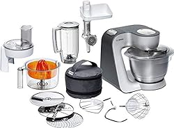 Bosch Küchenmaschine MUM5 Styline MUM56340, Schüssel 3,9 L, Mixer 1,25 L, Fleischwolf, Zitruspresse, Planetenrührwerk, Knethaken, Schlag-, Rührbesen, Durchlaufschnitzler, 3 Scheiben, 900 W, silber