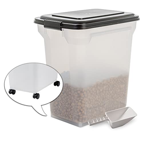 Iris Ohyama, Vorratsbehälter für Tiernahrung 45 L für 15 kg, Klappdeckel, luftdicht, transparent, Schaufel & Räder inkl. für Katzen- & Hundefutter - Air Tight Food Container ATS-L, Schwarz