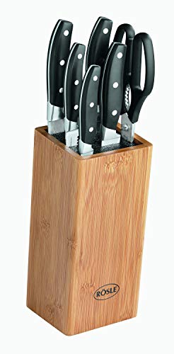 RÖSLE CUISINE Bürsten Messerblock bestückt 7-tlg., Hochwertiger Messerblock aus Bambusholz mit 5 scharf geschliffenen Messern und Küchenschere, Klingenspezialstahl, Fingerschutz