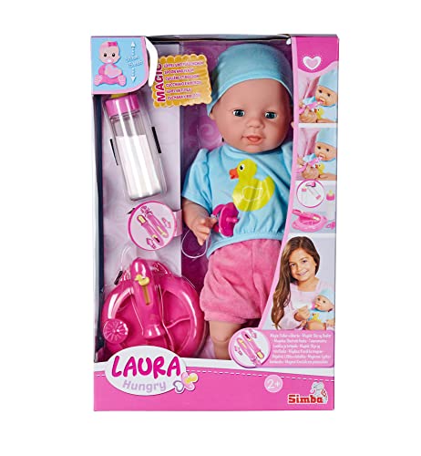 Simba 105010964 - Laura Hungry, Weichkörperpuppe mit Schnuller, magischem Löffel, Trinkfläschchen mit verschwindendem Inhalt und Tellerchen, 38cm, Babypuppe ab 2 Jahren