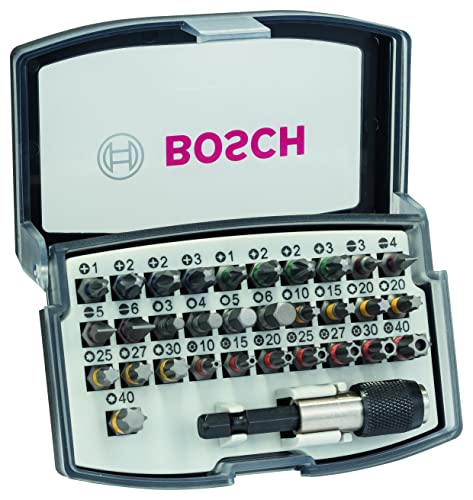 Bosch Accessories 32tlg. Schrauberbit Set Extra Hart (Kreuzschlitz, Pozidriv, Hex, T, TH, S-Bit, Zubehör Bohrschrauber und Schraubendreher) Silber, 1/4-Zoll [Energieklasse A]