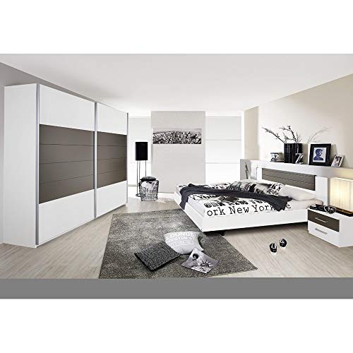 Rauch Möbel Schlafzimmer, Weiß / Lavagrau, bestehend aus Bett mit Liegefläche 160x200 cm inklusive 2 Nachttische und Schwebetürenschrank BxHxT 226x210x62 cm