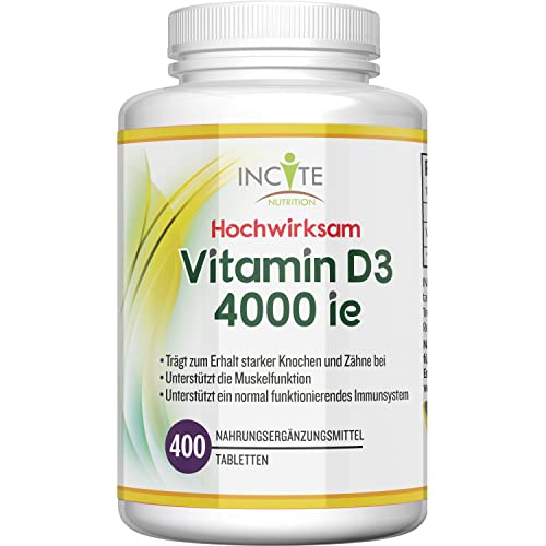 Vitamin D 4000 IE – 400 leicht einnehmbare Premium Vitamin D3-Mikrotabletten – Alle vier Tage eine hochwirksame Tablette Cholecalciferol VIT D3 – Vegetarisches Nahrungsergänzungsmittel – Hergestellt von Incite Nutrition in Großbritannien