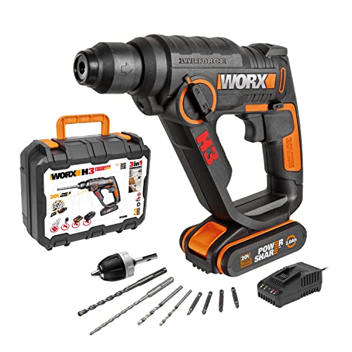 WORX WX390 Bohrhammer SDS-plus - 20V Bohrmaschine mit pneumatischem Hammerwerk zum Schrauben, Bohren und Hämmern – 1,2 Joule Schlagenergie – Mit 2,0Ah Li-Ion Akku, Ladegerät und Koffer