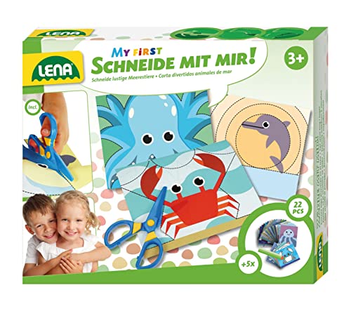 Lena 42632 My First Bastelset Schneide mit Mir Meerestiere, Komplettset mit Kunststoff Kinderschere, 26 lustige Tiere zum Ausschneiden und Ausmalen, Bastel Set und Malset für Kinder ab 3 Jahre