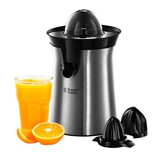 Russell Hobbs Orangenpresse & Zitruspresse elektrisch [links-& rechtsrotierend, 2 Presskegel für Zitronen/Orangen] Edelstahl (Tropf-Stopp-Funktion, spülmaschinenfest, BPA-frei) Saftpresse 22760-56