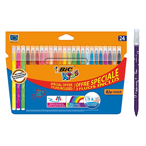 BIC Kids Filzstifte Set Kid Couleur, Fasermaler zum Malen in 24 auswaschbaren Farben, inkl. Neonfarben, im Karton Etui, ab 5 Jahre