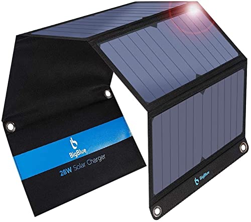 BigBlue 28W tragbar Solar Ladegerät 2-Port USB 4 wasserdichte Solarpanel mit digital Amperemeter und Reißverschluss zum Schutz - für Wiederaufladen USB-Geräte - iPhone Android GoPro usw (MEHRWEG)