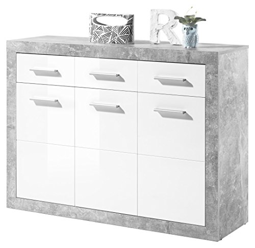 STONE Sideboard in Beton Optik, Weiß Hochglanz - Moderne Kommode mit Schubladen und viel Stauraum - 117 x 88 x 37 cm (B/H/T)