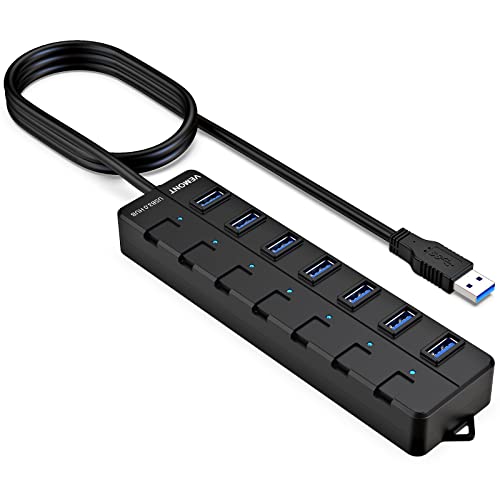 USB 3.0 Hub, VEMONT 7-Port USB Hub USB Splitter mit verlängertem 1.2m Kabel, USB Verteiler mit einzelnen LED Power Schalter für PC/MacBook Air/Pro/Mac Mini/iMac/MacPro/Laptops und weitere USB Geräte