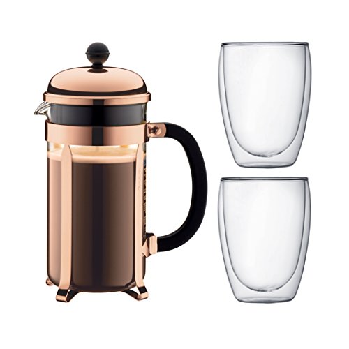 Bodum K1928-18-1 Chambord Set Kaffebereiter 8 Tassen mit 2 Gläser 35 cl Doppelwand Pavina, Chrom, 1 Liter, Pink, 14.9 x 26.8 x 32.5 cm