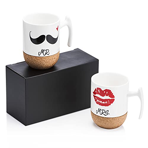 Love-KANKEI MR MRS Tassen Kaffeetassen Hochzeitsgeschenk Kaffeebecher Set, Korkboden Design Keramik 300ml, Hochzeit Valentinstag Weihnachten Ehepaar Freunde