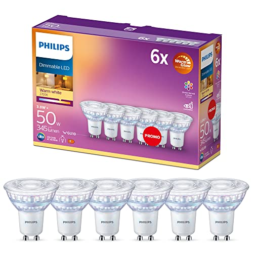 Philips LED Classic WarmGlow GU10 Lampe ersetzt 50W, 6-er Pack, warmweißes Licht 2200-2700 K, 345 lm, Reflektor, dimmbar [Energieklasse G]