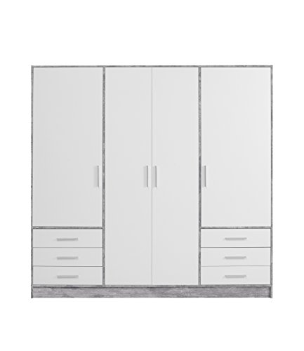 FORTE Jupiter Kleiderschrank 4-türig, 6 Schubladen, Holzwerkstoff, Betonoptik Lichtgrau / Weiß, 206.5 x 60 x 200 cm