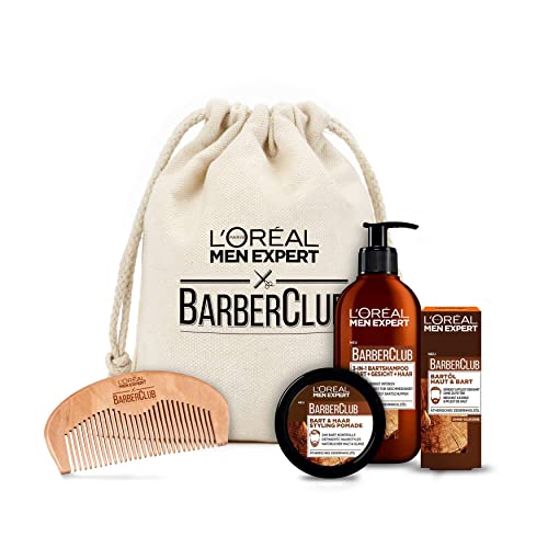 L'Oréal Men Expert Bartpflege Set mit Bartöl, Bartshampoo, Bartkamm und Bart Styling Pomade, Barber Club Premium Geschenkset, 1 x 633 g