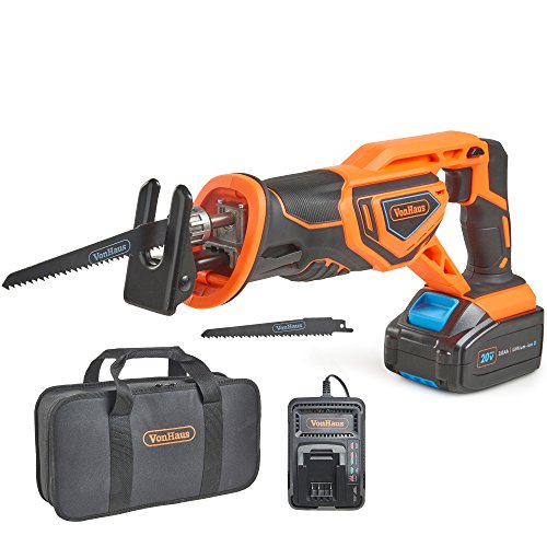 VonHaus 20V Max Akku Säbelsäge, Variabler Geschwindigkeitsschalter, 2 Sägeblätter für Holz, Hublänge 22 mm – inkl. Akku, Ladegerät & Werkzeugtasche