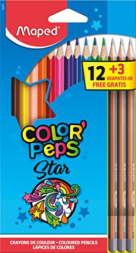 Maped 832272 - 12x Buntstifte, Farbstifte COLOR'PEPS und 3x Bleistifte GRAPH'PEPS, 15 Stück (1er Pack)