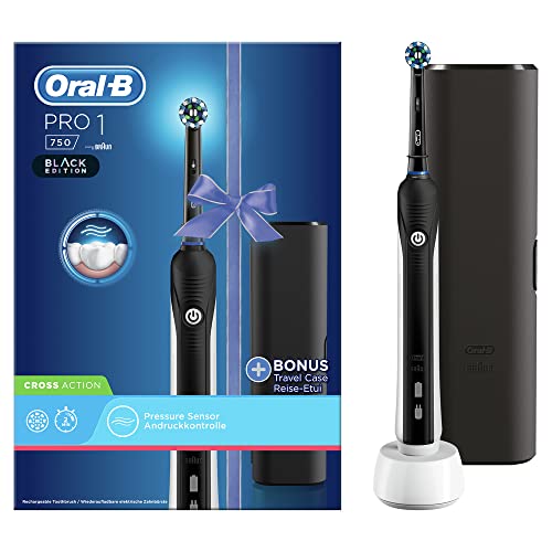 Oral-B PRO 1 750 Black Edition Elektrische Zahnbürste/Electric Toothbrush für eine gründliche Zahnreinigung, 1 Putzprogamm, Drucksensor, Timer & Reiseetui, 1 CrossAction Aufsteckbürste, schwarz
