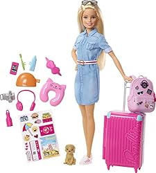 Barbie FWV25 - Barbie Travel Puppe (blond) mit Hündchen, aufklappbarem Koffer, Stickern und mehr als zehn Accessoires, Spielzeug ab 3 Jahren