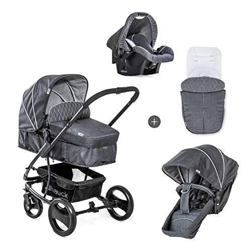 Hauck Kombi Kinderwagen Pacific 4 Shop N Drive inkl. Babywanne umbaubar zu Sportsitz, Autositz und Beindecke, Sitz Wendbar, Große Räder, Belastbar bis 25 kg, Grau