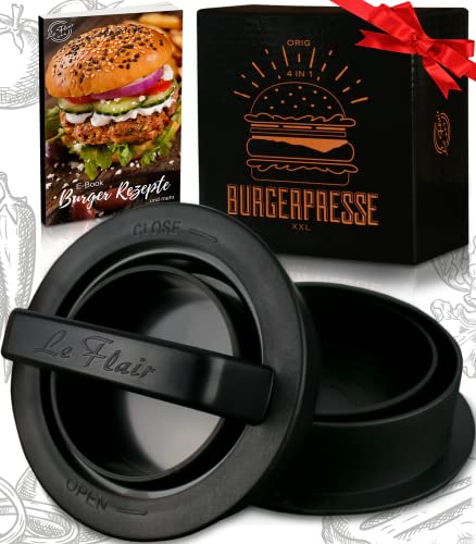 Le Flair® XXL Burgerpresse-Set 4in1 | GROßES Modell | mit E-Book | Burger Pattie Presse für Hamburger ideales Grillzubehör BBQ mit Backpapier Patty Maker Burger zum Grillen | Deutsche Marke
