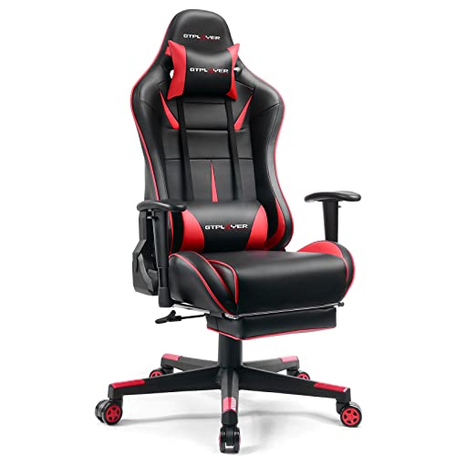 GTPLAYER Gaming Stuhl Bürostuhl Schreibtischstuhl Kunstleder Gamer Stuhl Drehstuhl höhenverstellbarer PC Stuhl Ergonomisches Design mit Fußstütze und Wippfunktion (Red)