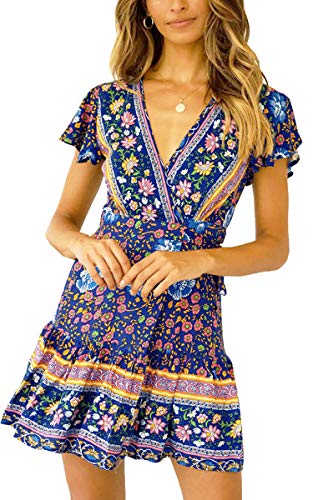 ECOWISH Damen Kleider Boho Vintage Sommerkleid V-Ausschnitt, Größe S, M