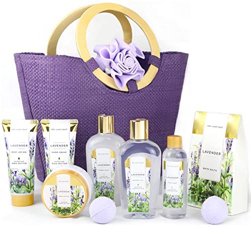 SPA LUXETIQUE Bade Geschenkset für Frauen 10tlg. Lavender Duft Geburtstaggeschenk Damen Wellness set für Frauen Handcreme, Duschgel, Schaumbad, Bodylotion, Badesalz, Badeschwamm & Geräumige Handtasche