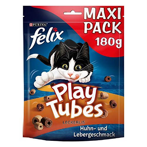 FELIX Play Tubes Katzensnack, Leckerli zum Spielen, mit Huhn- & Lebergeschmack, 5er Pack (5 x 180g)