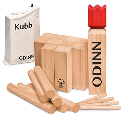 Toyfel Schwedenschach XXL Odinn - Indoor & Outdoor Kubb Spiel aus FSC® Buchenholz mit Stoffbeutel, Geschicklichkeitsspiel für Kinder & Erwachsene - Premium Wurfspiel aus robustem Massivholz