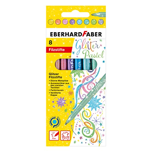 Eberhard Faber 551009 - Glitzer Filzstifte in 8 intensiven Pastell-Farben, Minenstärke 3 mm, auswaschbar im Kartonetui, zum Verzieren, Zeichnen, Basteln und Schreiben