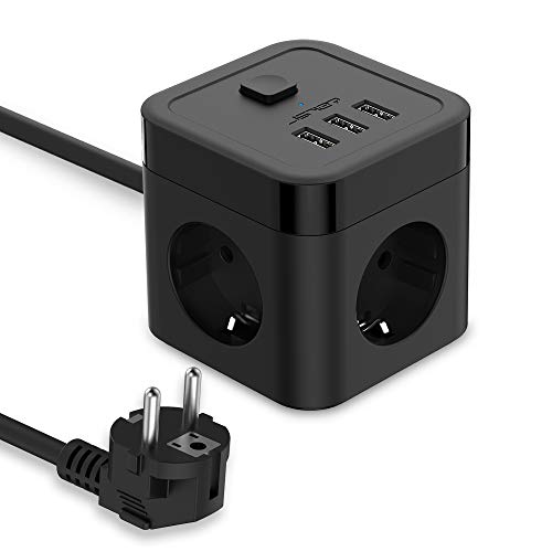 JSVER Steckdosenleiste Würfel USB Mehrfachsteckdose Cube überspannungsschutz 3 Fach mit 3 USB (15.5W) Steckdosen mit Schalter für Büro, zu Hause 1,5m Kabel-Schwarz