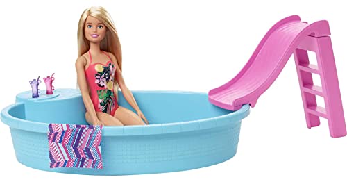 Barbie GHL91 - Pool mit Rutsche und Puppe (blond) Spielset, Puppenzubehör, Spielzeug ab 3 Jahren
