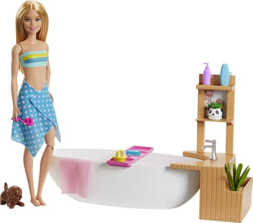 Barbie GJN32 - Wellnesstag Puppe (blond) und Spielset, mit Badewanne, Hündchen und weiteren Zuebhörteilen, Spielzeug ab 3 Jahren