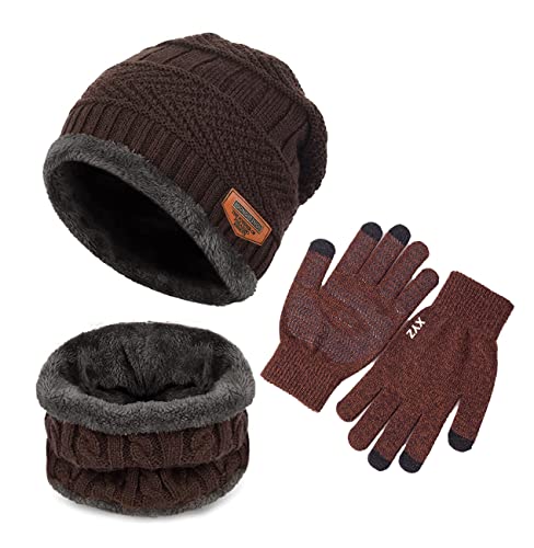 BDSMAGE Wintermütze Strickmütze Warme Mütze Kreis Schal Set und Warm Strick Handschuhe mit Fleecefutter für Damen und Herren