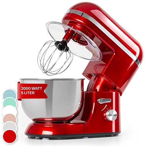 Klarstein Bella Elegance Küchenmaschine - 1300 W/1,7 PS Knetmaschine, Rührmaschine mit Pulsfunktion, Planetarisches Rührsystem, 5L Edelstahlschüssel, 3-tlg. silberfarbene Applikationen, rot