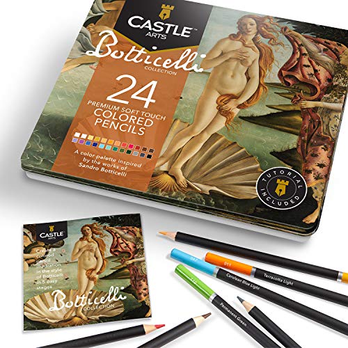 Castle Arts Bleistift-Set mit 24 Buntstiften, in Blechbox, perfekt von Botticelli inspirierte Farben Mit hochwertigen, glatten farbigen Kern
