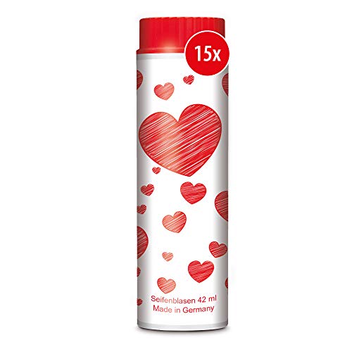 15 x 42 ml Vorteilspack -  Pustefix Seifenblasen Set I 15 x Kleinpackung Valentinstag Herzen I Bunte Herz Bubbles Made in Germany I Seifenblasen für Hochzeit, Kindergeburtstag, Standesamt, Polterabend I