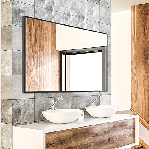NeuType Wandspiegel, rechteckig, zum Aufhängen, Metallrahmen, ideal für Badezimmer, Waschraum, Schlafzimmer, Wohnzimmer (61x91cm, Schwarz)