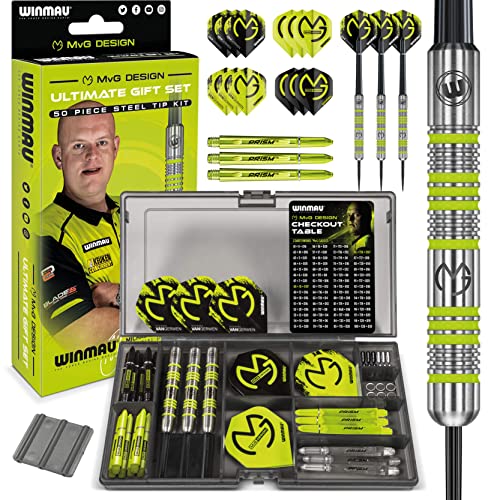 WINMAU MvG Dart Steeltip Geschenkset - 50-teiliges Dartset mit 4 Sätzen Dartschäften, 4 Sätzen Flüge und Zubehör