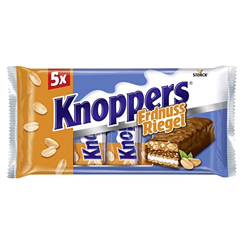 Knoppers ErdnussRiegel – 1 x 200g (5 Riegel) – Waffelriegel mit Milchcreme, Erdnusscreme, gesalzenen, gehackten Erdnüssen und zartem Karamell, umhüllt von Vollmilchschokolade