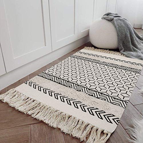 SHACOS Baumwolle Teppich Waschbar Baumwollteppich Weiß Schwarz Eingangsteppich Vintage Teppich Läufer Marokkanisch Teppich Getuftet Kurzflor Teppiche für Wohnzimmer Schlafzimmer Küche 60x90 cm