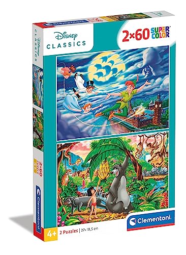 Clementoni 21613 Supercolor Disney Classic – Puzzle 2 x 60 Teile ab 5 Jahren, buntes Kinderpuzzle mit besonderer Leuchtkraft & Farbintensität, Geschicklichkeitsspiel für Kinder