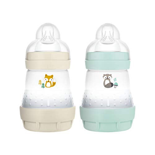 MAM Easy Start Anti-Colic Elements Babyflasche im 2er-Set (160 ml), Milchflasche für die Kombination mit dem Stillen, Baby Trinkflasche mit Bodenventil gegen Koliken, 0+ Monate, Fuchs/Waschbär