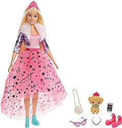 Barbie GML76 - Prinzessinnen-Abenteuer Puppe mit Mode (ca. 30 cm), blond, Barbie-Puppe mit Hündchen, 2 Paar Schuhe, Diadem und 4 Accessoires, für Kinder von 3 bis 7 Jahren