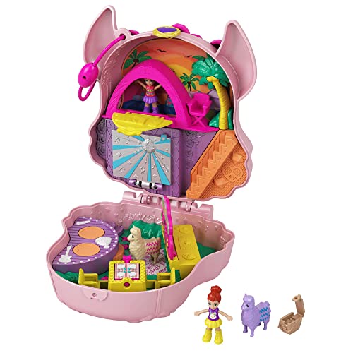 Polly Pocket GKJ50 - Lama-Musikparty Schatulle, Bühne, drehbare Tanzfläche, Imbissstände, Tische, Picknickkorb, kleiner Polly, Lila Puppe, Lama-Figuren, Stickerbogen; Spielzeug für Kinder ab 4 Jahren