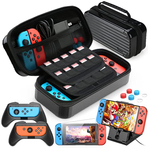 HEYSTOP Tasche Kompatibel mit Nintendo Switch, 11 in 1 Nintendo Switch Tragetasche Mit 2 Joycon Griffen für Nintendo Switch, PlayStand, Displayschutz aus Gehärtetem Glas und 6 Daumen Griffkappen